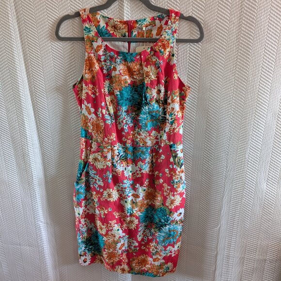 NWT Linen Floral Sheath Dress Pockets Coral & Teal Size 38, Size 6 Summer - Picture 3 of 13